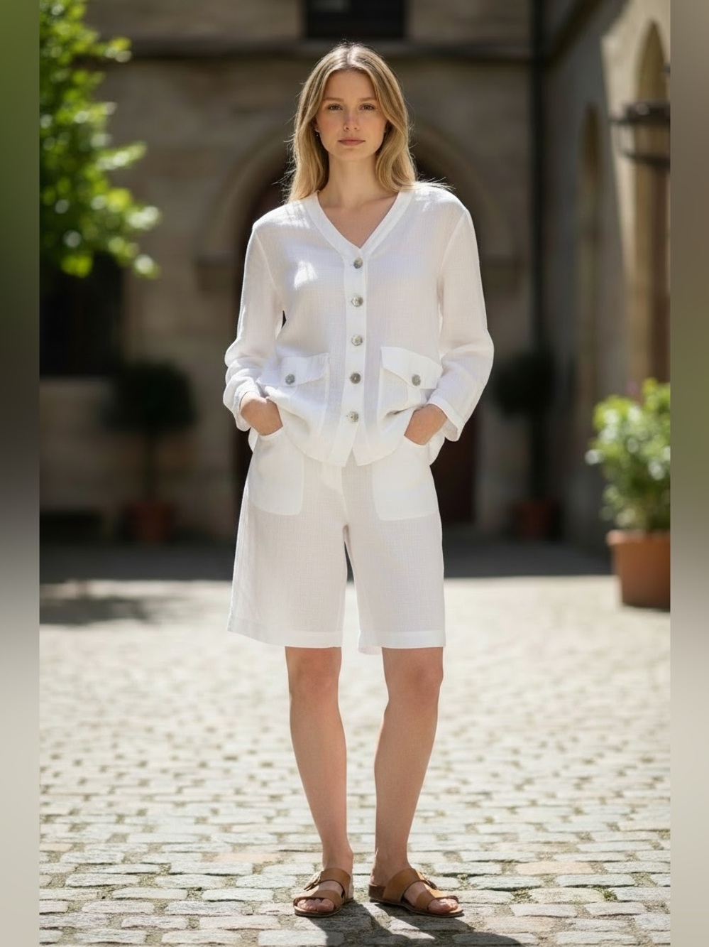 FLAX White Linen Button-Front Pocket Jacket, small